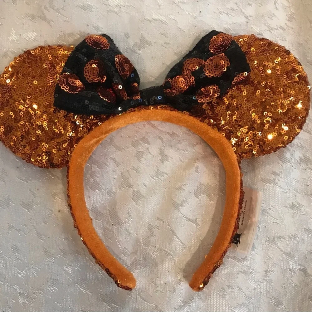 Halloween Sequin Minnie Ear Headband with Bow - Orange & Black